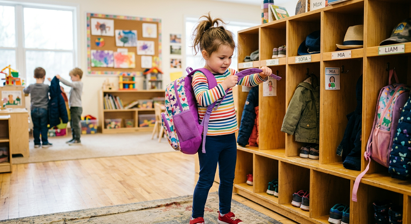 Child organizing belongings independently