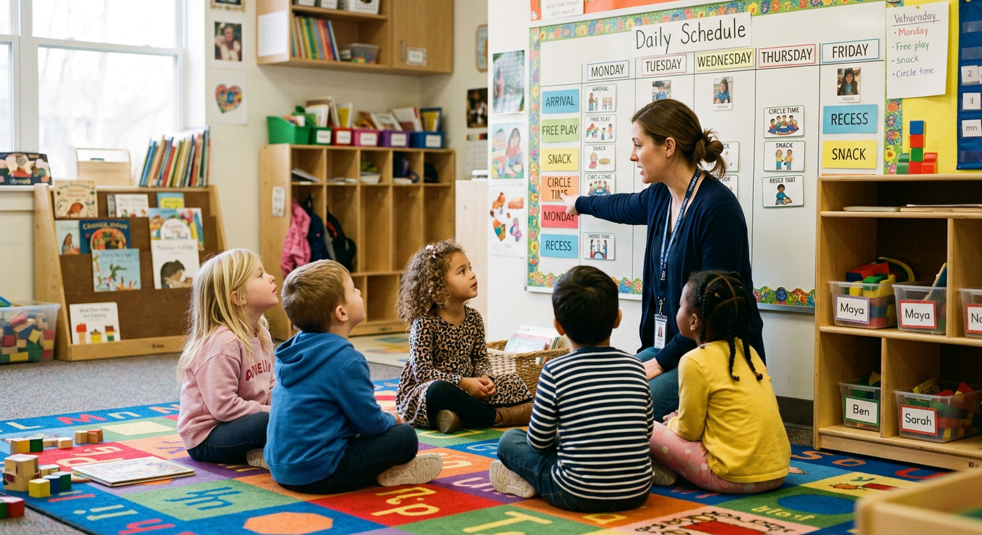 Learning space with visual schedule and routine board